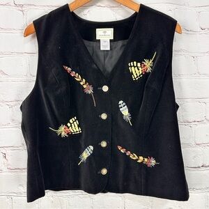 Vintage Black Embroidered velvet structured Fish Vest size medium witchycore